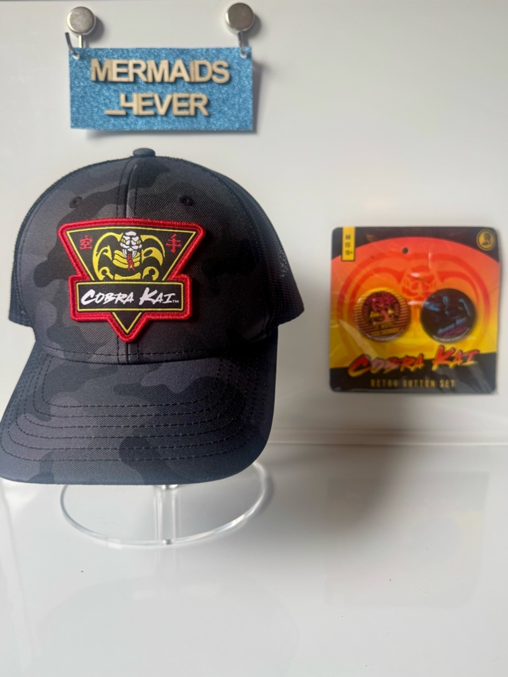 Retro Cobra Kai Camo Cap (one size fits all) and Loot Crate Buttons